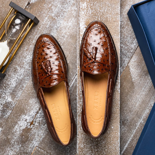 Zelli Franco Classic Ostrich Quill Tassel Loafers in Brown