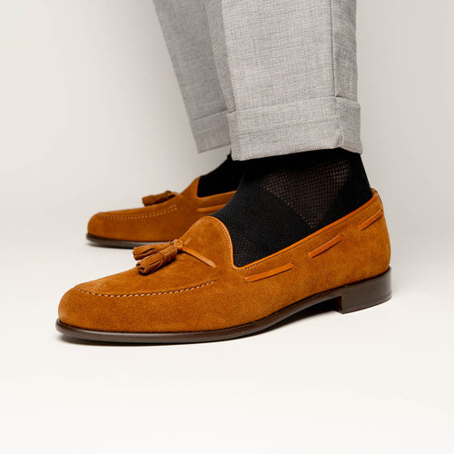 Zelli Franco Suede Tassel Loafers with Classic Apron Toe in Tobacco