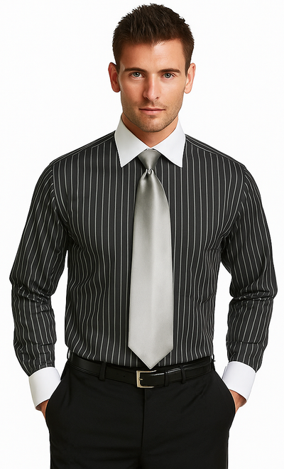 French Cuff Stylish Striped Formal Spread Collar Set Style White Collar Two Toned Contrast Multi-Color Men's Dress Shirt