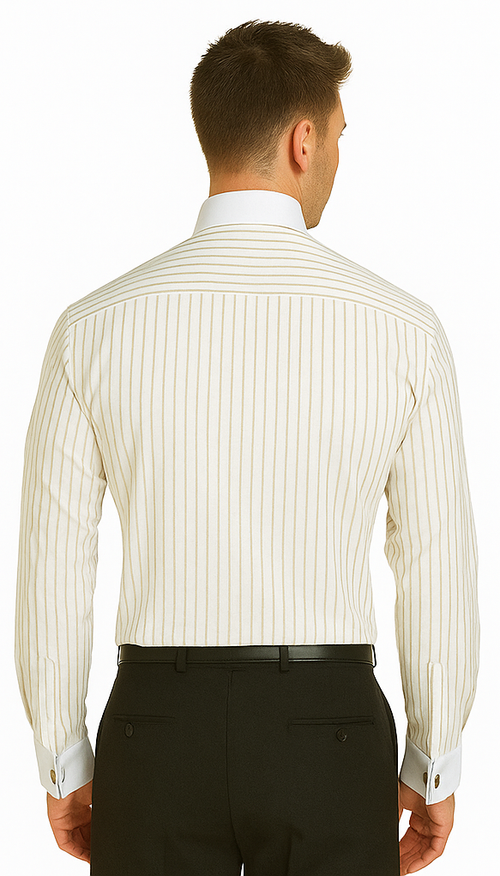 French Cuff Stylish Striped Formal Spread Collar Set Style White Collar Two Toned Contrast Multi-Color Men's Dress Shirt