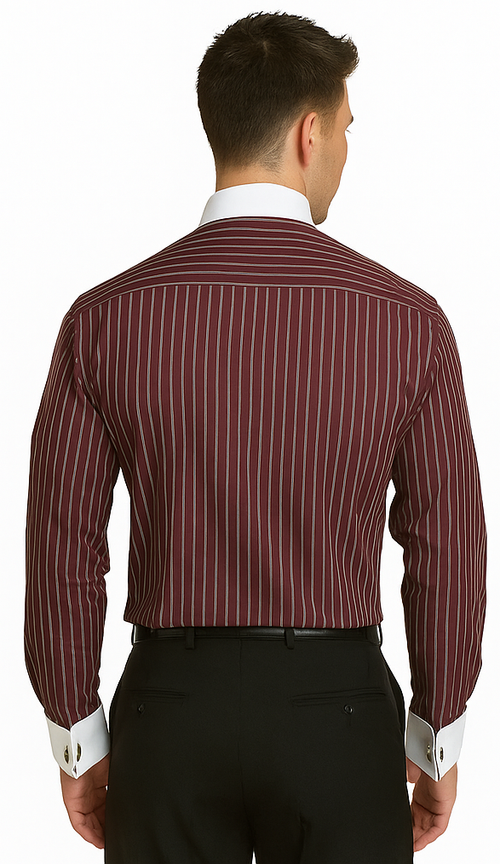 French Cuff Stylish Striped Formal Spread Collar Set Style White Collar Two Toned Contrast Multi-Color Men's Dress Shirt