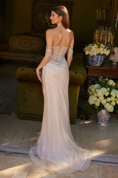 Fringe Off Shoulder Slit Evening Gown by GLS Gloria GL3621