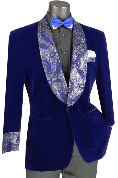 Men's Velvet Prom Smoking Jacket in Royal Blue with Paisley Glitter Lapel