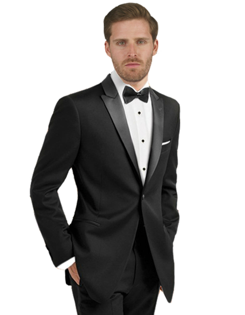 Mens 100% Wool 1 Button Peak Lapel Tuxedo in Black - Men's Tuxedo USA – SuitUSA