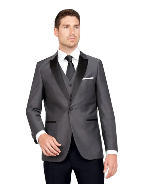 Gray Prom Suit - Mens Vested One Button Peak Lapel Tuxedo in Charcoal Grey