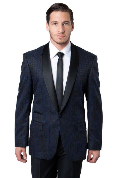 Men's Navy Check Pattern Shawl Tuxedo Jacket