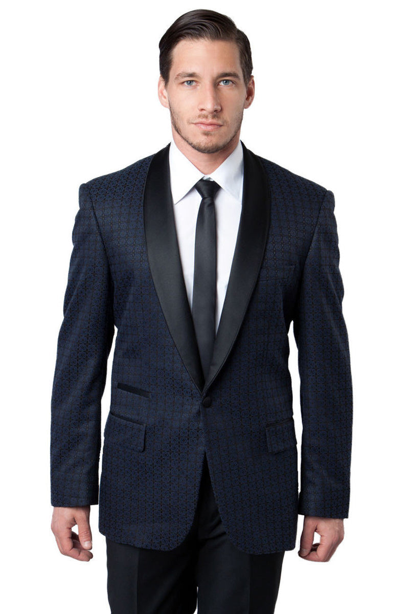 Men's Navy Check Pattern Shawl Tuxedo Jacket