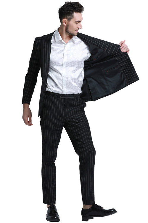 Men's Double Breasted Pinstripe Suit in Black