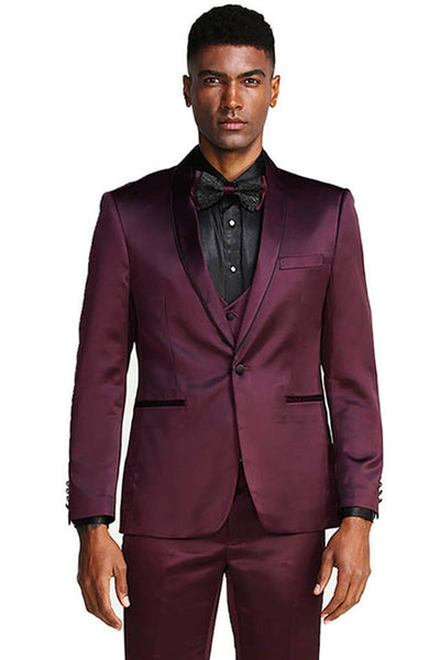 Burgundy Men's Slim Fit Vested Satin Tuxedo Suit for Prom & Wedding by Tazzio