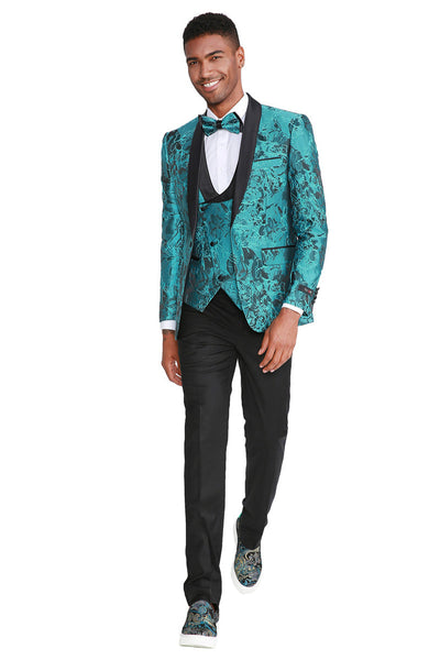 Turquoise Men's Slim Fit Prom Tuxedo with Paisley Shawl Lapel by Tazzio