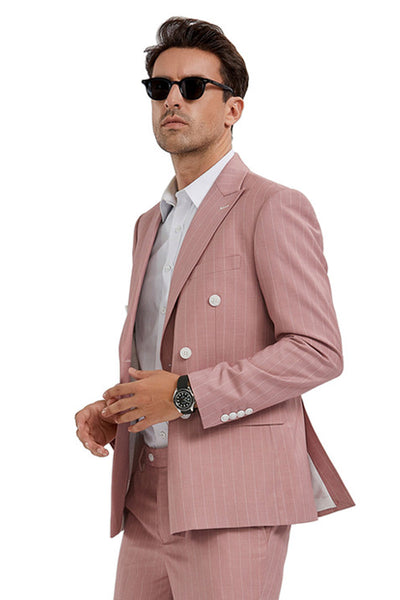 Men's Slim Fit Pink Double Breasted Suit by Tazio Suits