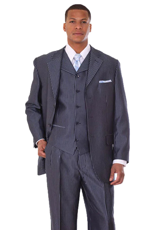 Mens 3 Button Vested Shiny Sharkskin Narrow Pinstripe Suit in Navy Blue by Fortino Landiin