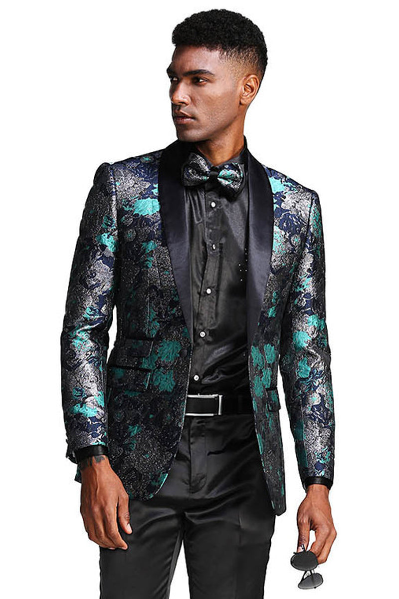 Men's Slim Fit Shawl Lapel Paisley Tuxedo in Turquoise & Navy Blue