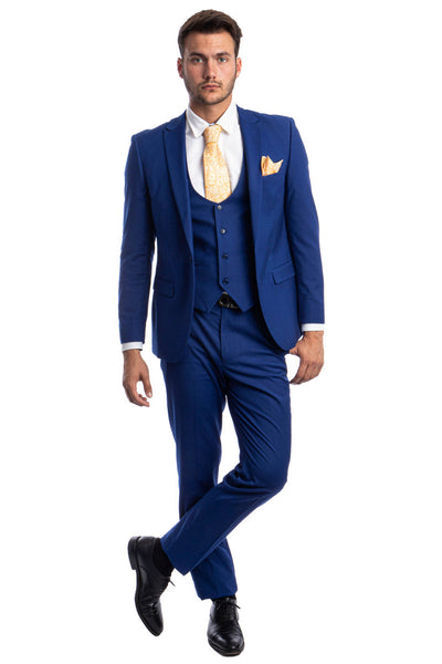 Men's Indigo Blue Peak Lapel Suit with Vested Accent
