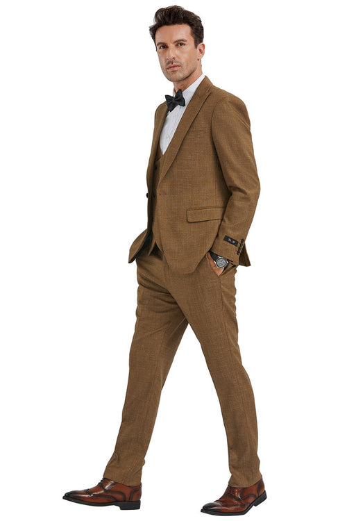 Men's Camel Sharkskin Slim Fit Suit with Double-Breasted Vest