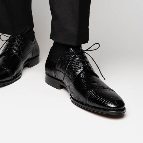 Zelli Giovanni Genuine Lizard Cap Toe Brogue Dress Shoes in Black