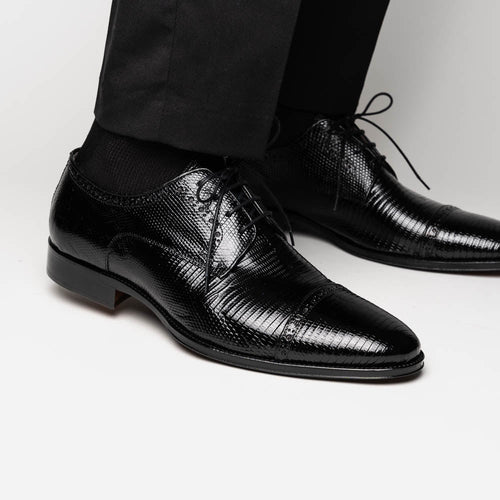 Zelli Giovanni Genuine Lizard Cap Toe Brogue Dress Shoes in Black
