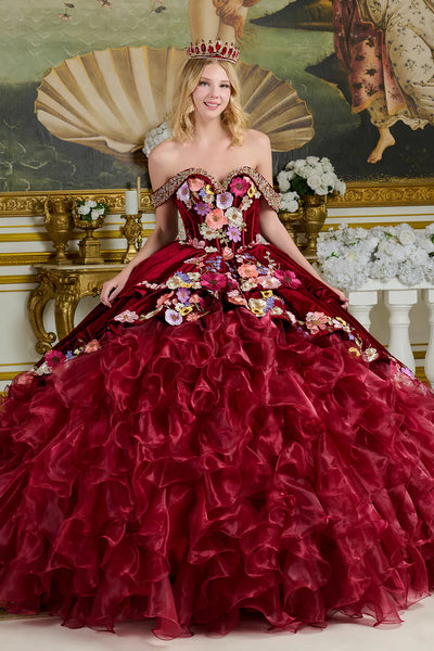 Burgundy Charro Quinceanera Dress Off Shoulder Ruffled Ball Gown by Elizabeth K GL3638