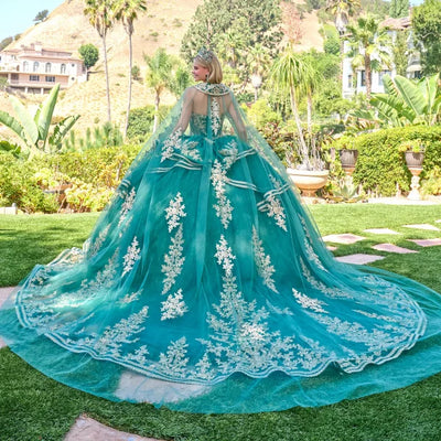 Green Strapless Sweetheart Neck Beaded Corset Ruffle-Tier Ball Gown with Cape by Elizabeth K GL3671