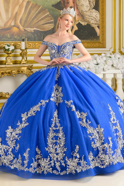 Royal Blue/Silver Off-Shoulder Sweetheart Beaded Glitter Ball Gown with Bow by Elizabeth K GL3672