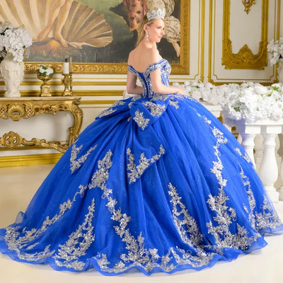 Royal Blue/Silver Off-Shoulder Sweetheart Beaded Glitter Ball Gown with Bow by Elizabeth K GL3672