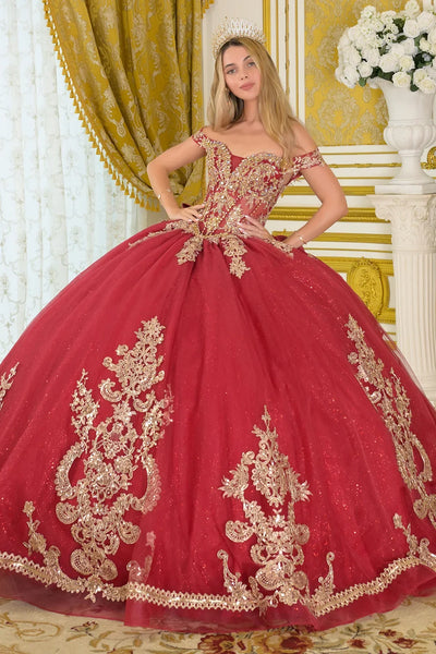 Off-Shoulder Sweetheart Beaded Lace Appliqué Ball Gown in Burgundy/Gold by Elizabeth K GL3673