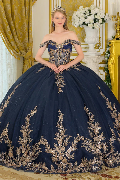 Navy/Gold Off-Shoulder V-Neck Satin Corset Lace Appliqué Ball Gown with Bow by Elizabeth K GL3674