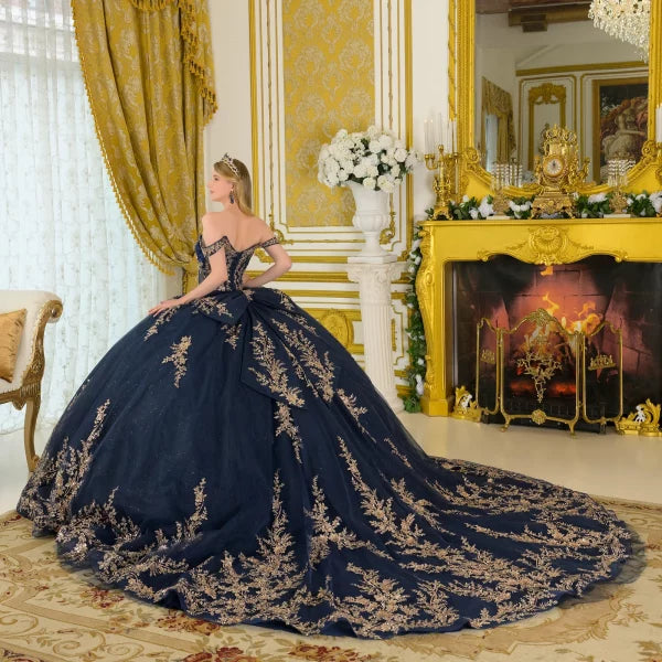 Navy/Gold Off-Shoulder V-Neck Satin Corset Lace AppliquΓ© Ball Gown with Bow by Elizabeth K GL3674 β SuitUSA
