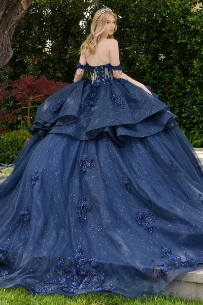 Navy Off-Shoulder Sweetheart Dress with Floral Applique, Beading & Tulle by Elizabeth K GL3676