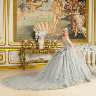 Silver Off-Shoulder Beaded Corset Dress with Cape Sleeves & Train Ball Gown by Elizabeth K GL3711