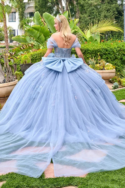 Off-Shoulder Beaded Corset Bodice Glitter Ball Gown with Bow by Elizabeth K GL3727