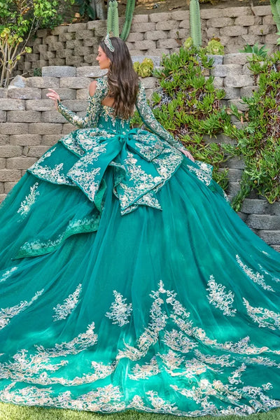 Strapless Beaded Tulle Dress with Detachable Sleeves Gown in Emerald Green by Elizabeth K GL3800