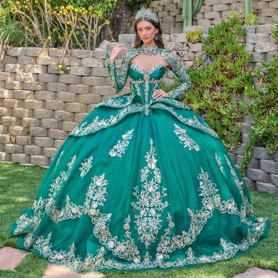 Strapless Beaded Tulle Dress with Detachable Sleeves Gown in Emerald Green by Elizabeth K GL3800