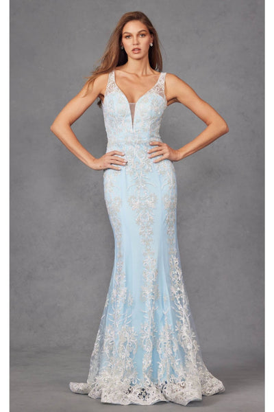 Formal Evening Dress Glitter Print Fitted V-Neck Prom Gown Juliet 277
