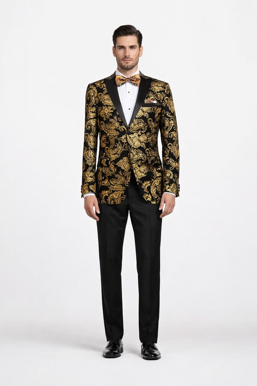 Gold Prom Tuxedo Suit - Gold Wedding Suit - Men's Modern Fit Velvet Floral Paisley Foil Tuxedo Jacket