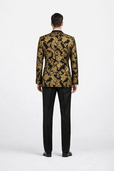 Gold Prom Tuxedo Suit - Gold Wedding Suit - Men's Modern Fit Velvet Floral Paisley Foil Tuxedo Jacket
