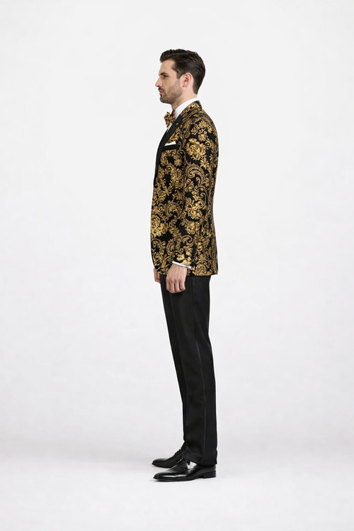 Gold Prom Tuxedo Suit - Gold Wedding Suit - Men's Modern Fit Velvet Floral Paisley Foil Tuxedo Jacket