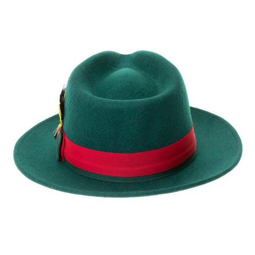 Hunter Green & Red Grayson Fedora 100% Australian Wool Crushable Hat by Ferrecci