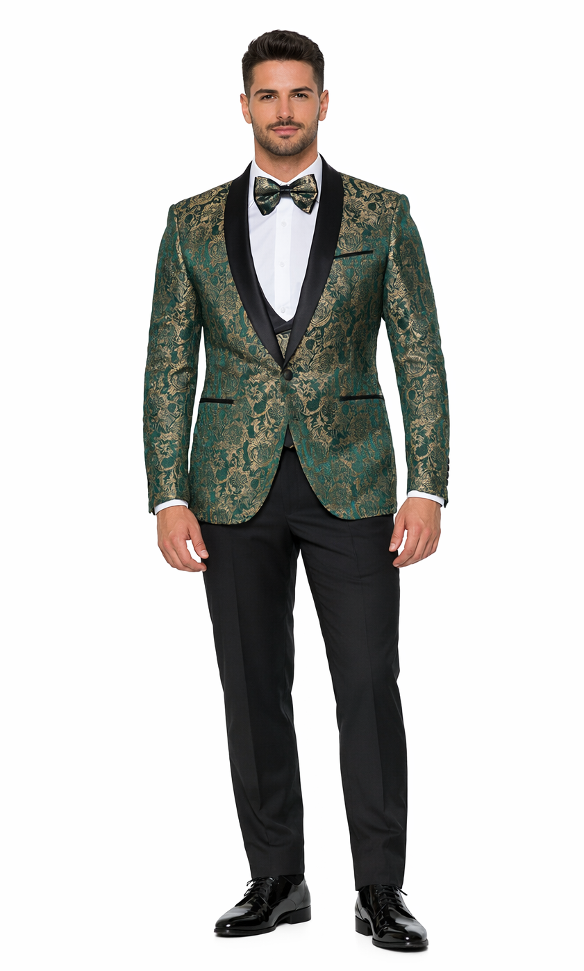 Green & Gold Pattern Tuxedo 4-Piece Set with Shawl Lapel – Wedding & Prom – SuitUSA