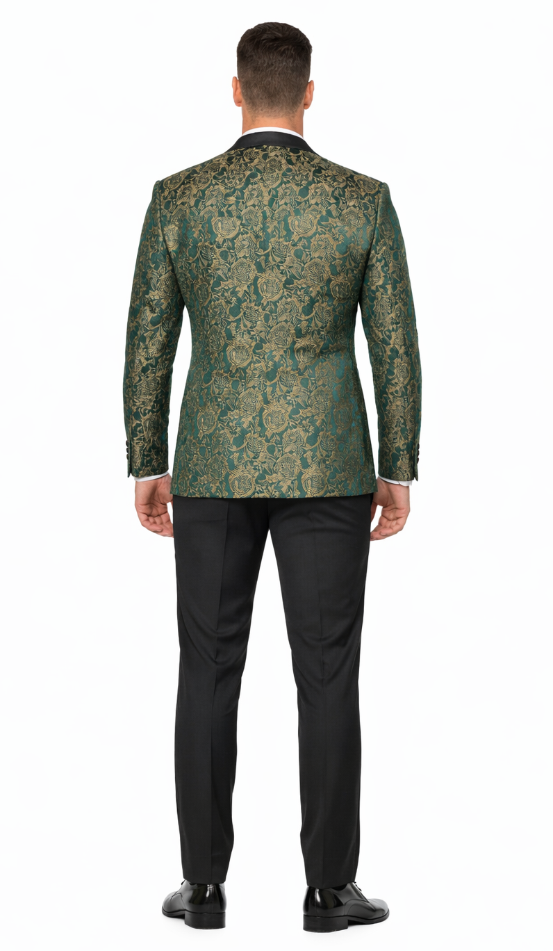 Green & Gold Pattern Tuxedo 4-Piece Set with Shawl Lapel – Wedding & Prom
