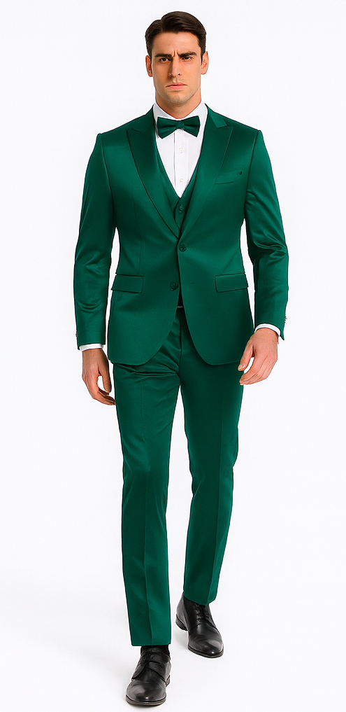 Tazzio Men's Green Satin 3 Piece Slim Fit Suit with Peak Lapel β Elegant Formalwear