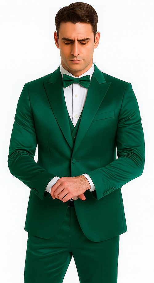 Tazzio Men's Green Satin 3 Piece Slim Fit Suit with Peak Lapel β Elegant Formalwear