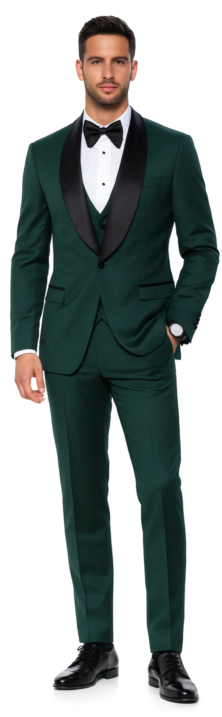 Green Slim Fit Tuxedo with Large Black Shawl Lapel – 3 Piece Wedding & Prom Set – SuitUSA