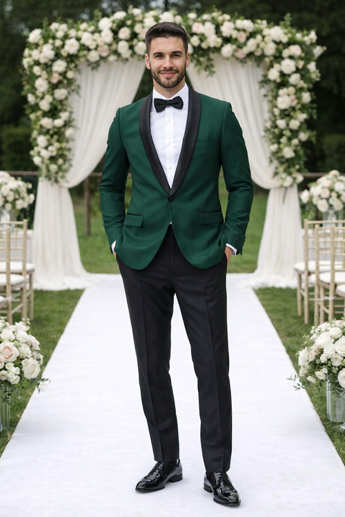 Green Tuxedo Jacket with Black Satin Shawl Lapel – Slim Fit