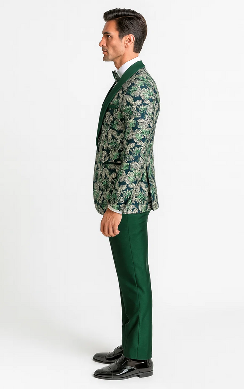 Green Tuxedo with Floral Pattern Four Piece Set - Wedding - Prom