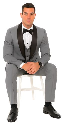 Grey Slim Fit Tuxedo with Large Black Shawl Lapel – 3 Piece Wedding & Prom Set