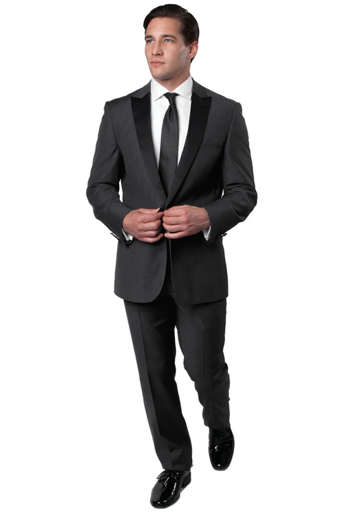 Mens Gray Tuxedo - Grey Wedding Suit-Mens Slim Fit One Button Peak Lapel Wedding Tuxedo In Charcoal Grey - Men's Tuxedo USA