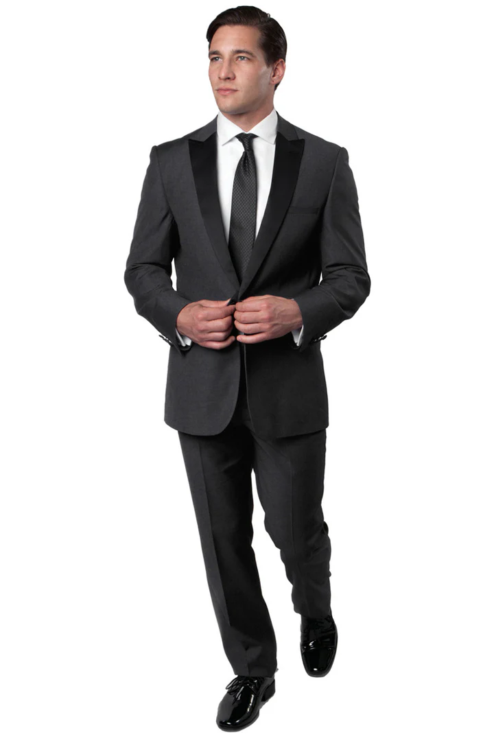 Mens Gray Tuxedo - Grey Wedding Suit-Mens Slim Fit One Button Peak Lapel Wedding Tuxedo In Charcoal Grey - Men's Tuxedo USA