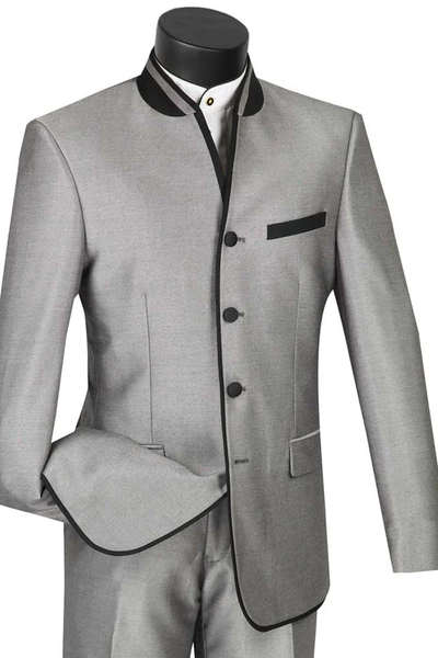 Mens Gray Tuxedo - Grey Wedding Suit-Mens 4 Button Mandarian Banded Trim Tuxedo In Grey - Men's Tuxedo USA