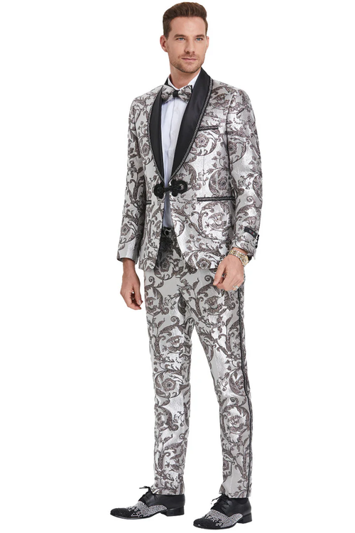 Mens Gray Tuxedo - Grey Wedding Suit-Mens Silver & Black Wedding & Prom Smoking Jacket Tuxedo - Men's Tuxedo USA